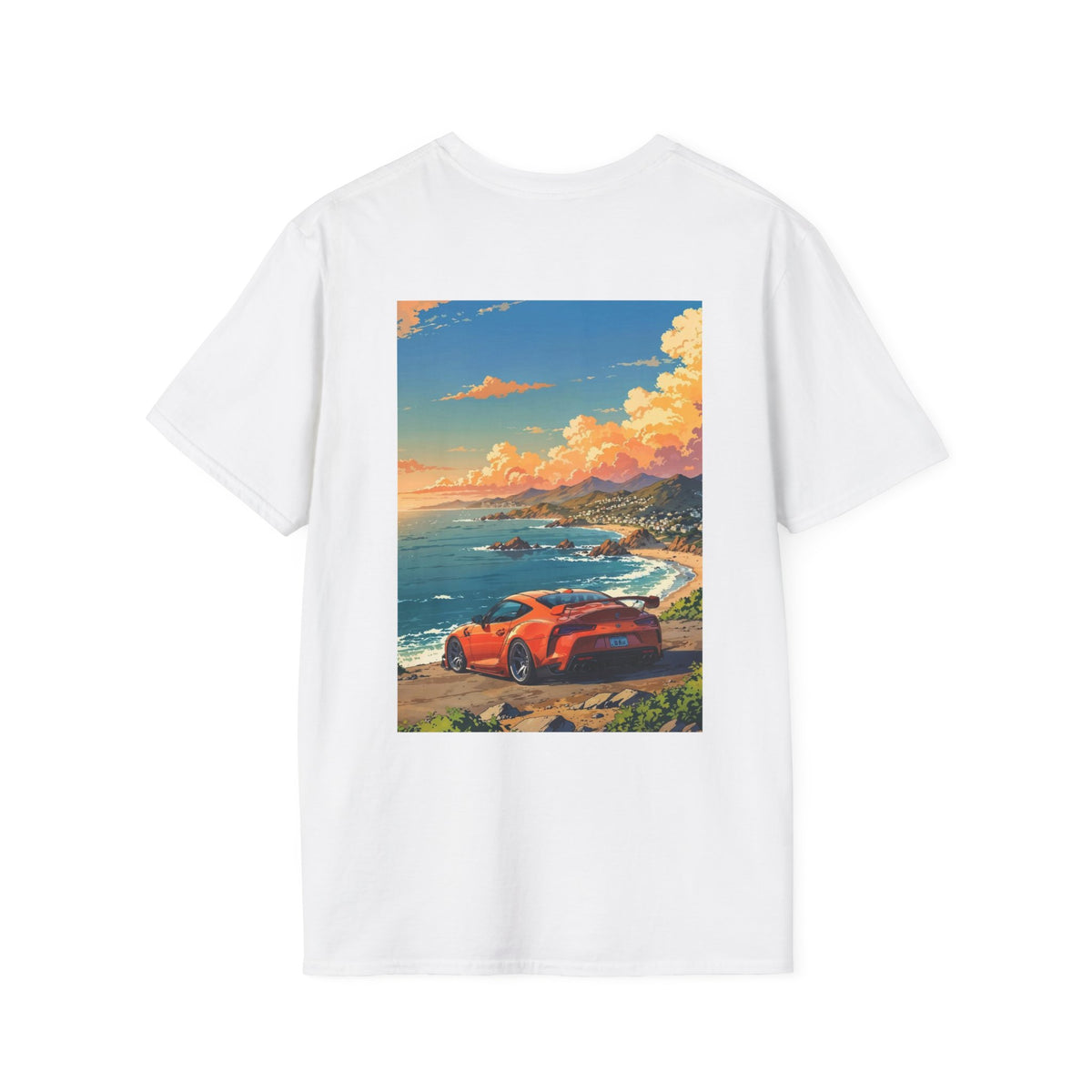 Coastal Drive Graphic Toyota T-Shirt — Sunset Sports Car Beach Scene