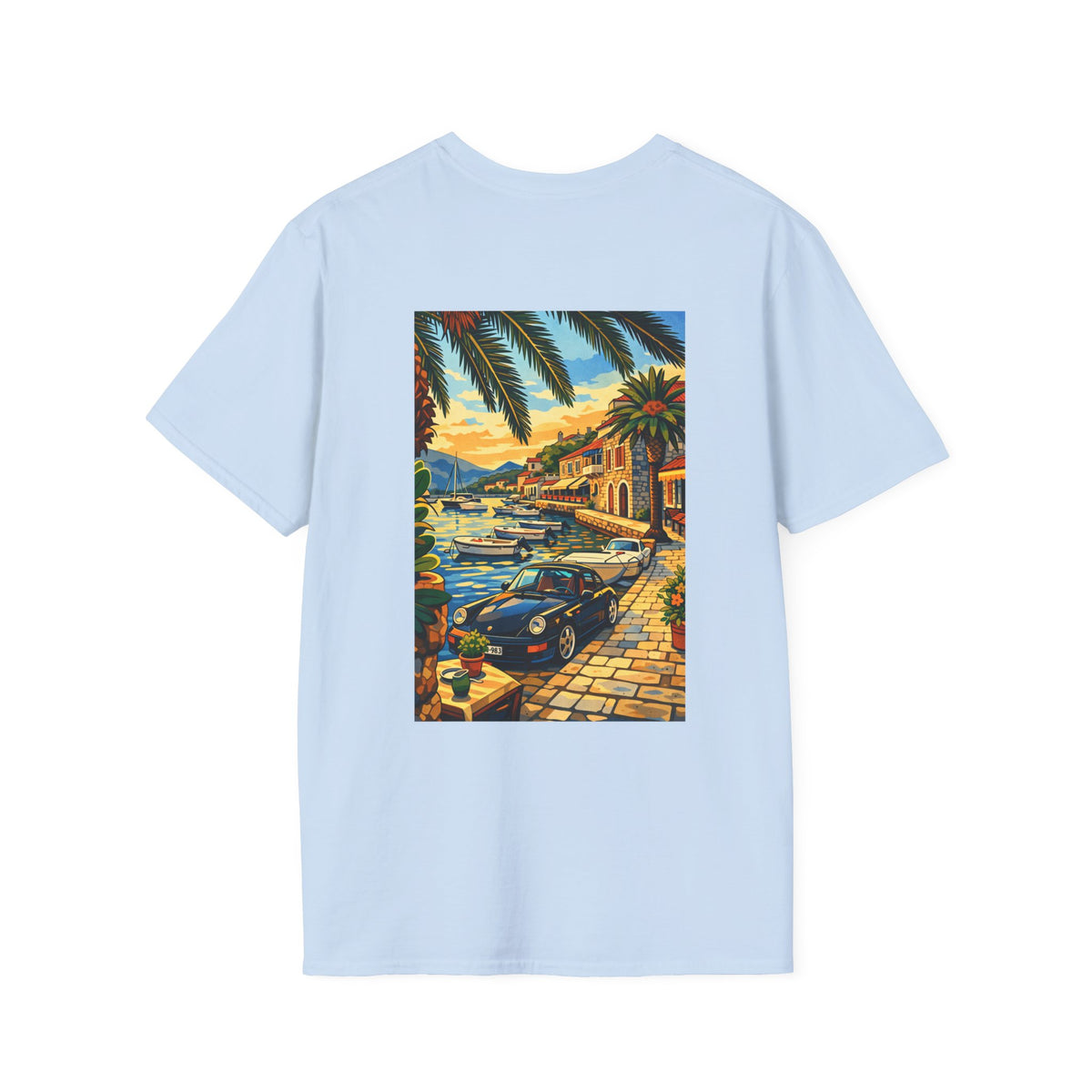 Vintage Coastal Porsche Print Tee | Mediterranean Harbour Scene)