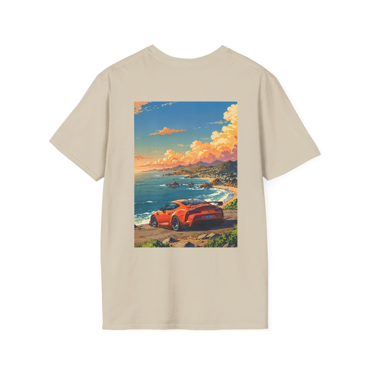 Coastal Drive Graphic Toyota T-Shirt — Sunset Sports Car Beach Scene