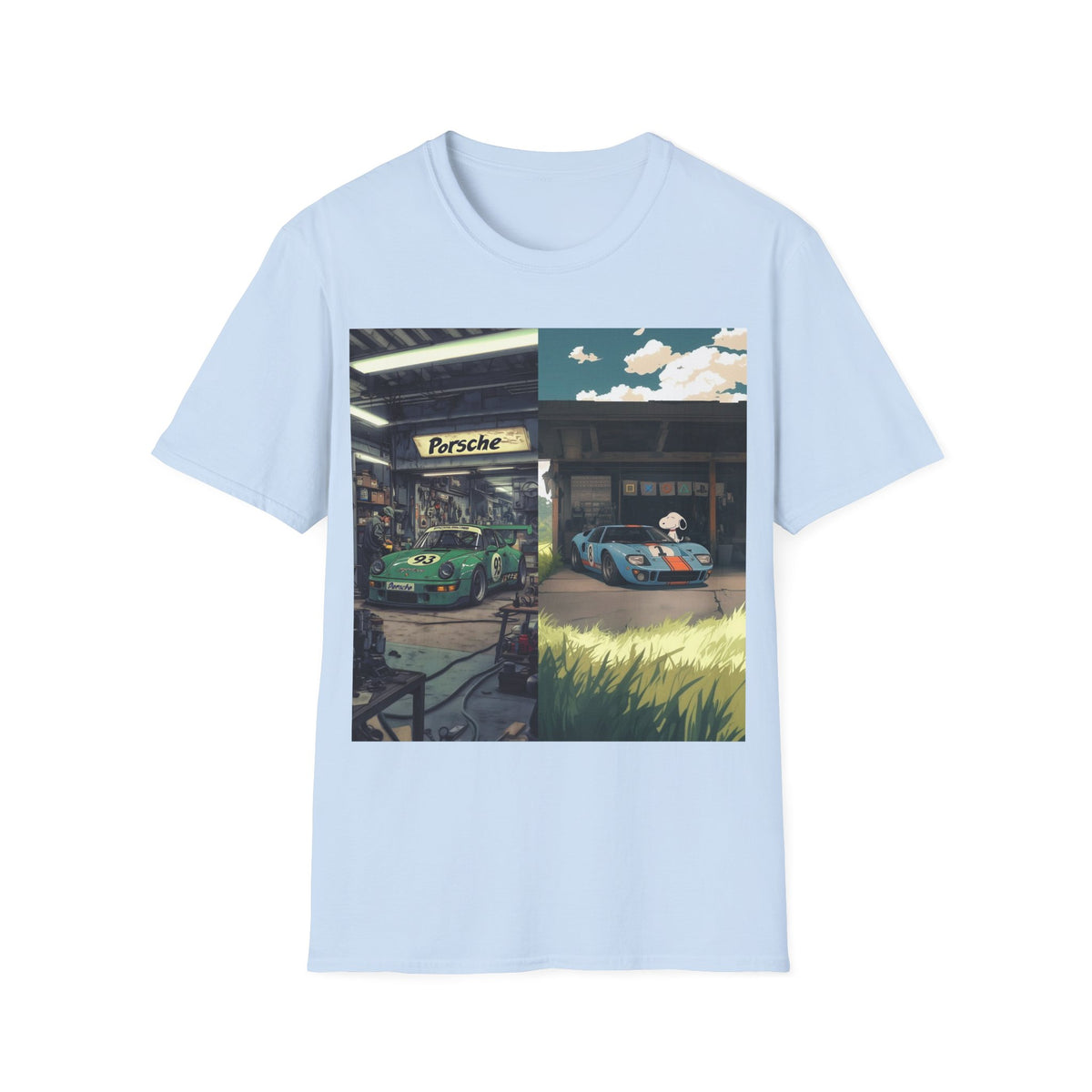 Porsche & GT40 Garage Split-Scene T-Shirt | Vintage Race Car Art Tee
