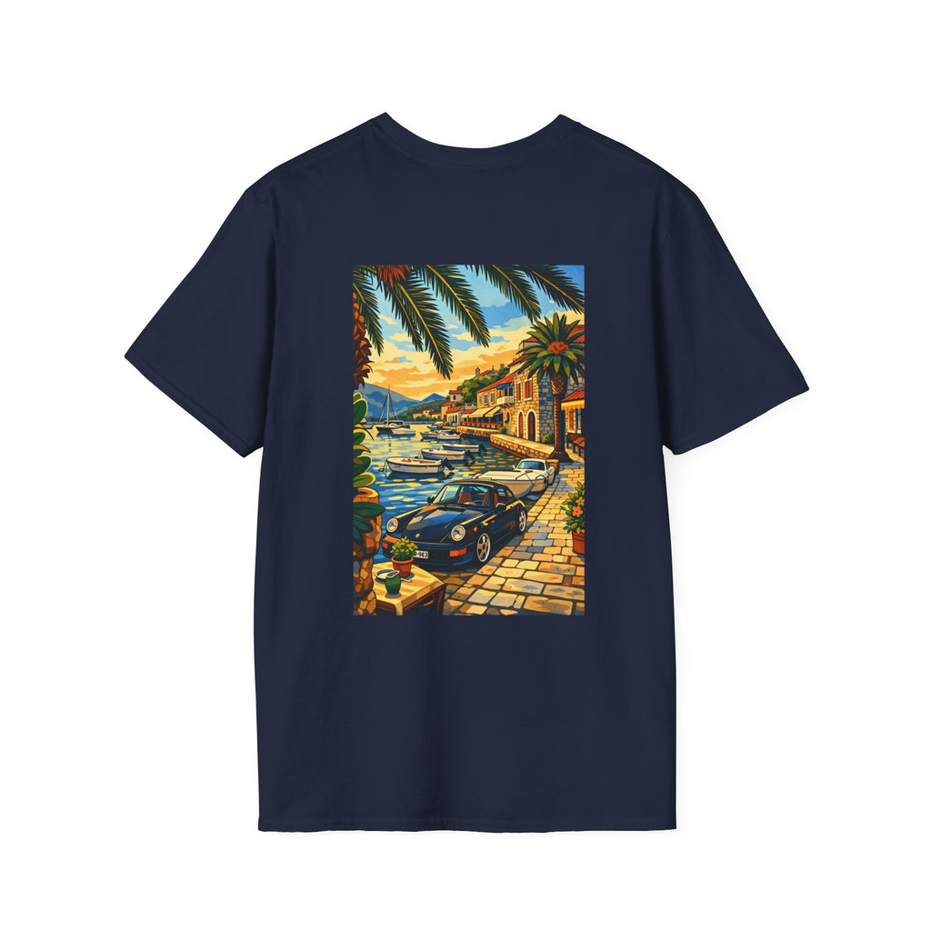 Vintage Coastal Porsche Print Tee | Mediterranean Harbour Scene)