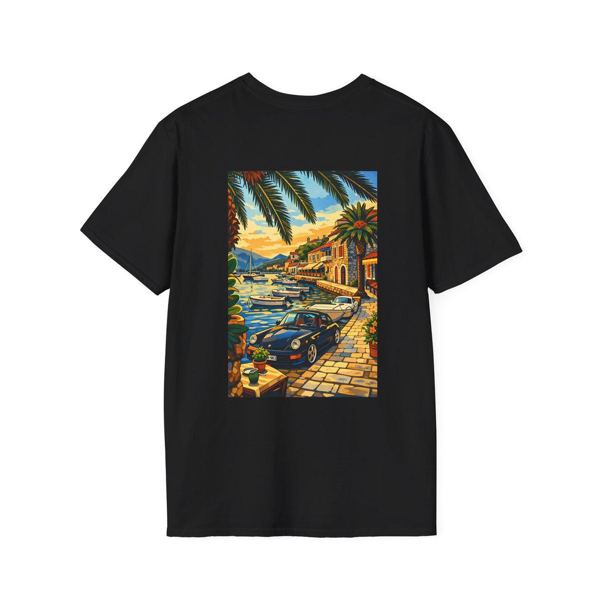 Vintage Coastal Porsche Print Tee | Mediterranean Harbour Scene)