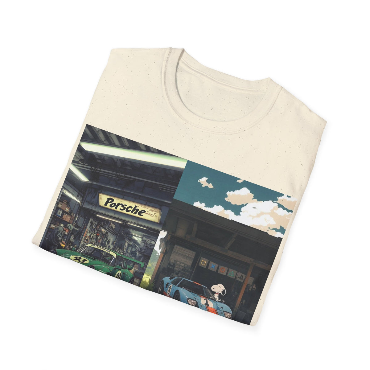 Porsche & GT40 Garage Split-Scene T-Shirt | Vintage Race Car Art Tee