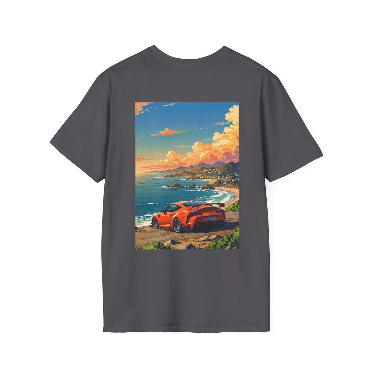 Coastal Drive Graphic Toyota T-Shirt — Sunset Sports Car Beach Scene