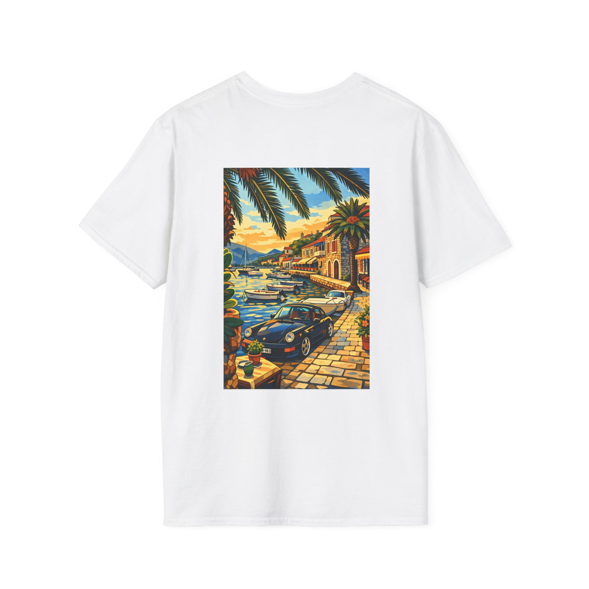 Vintage Coastal Porsche Print Tee | Mediterranean Harbour Scene)