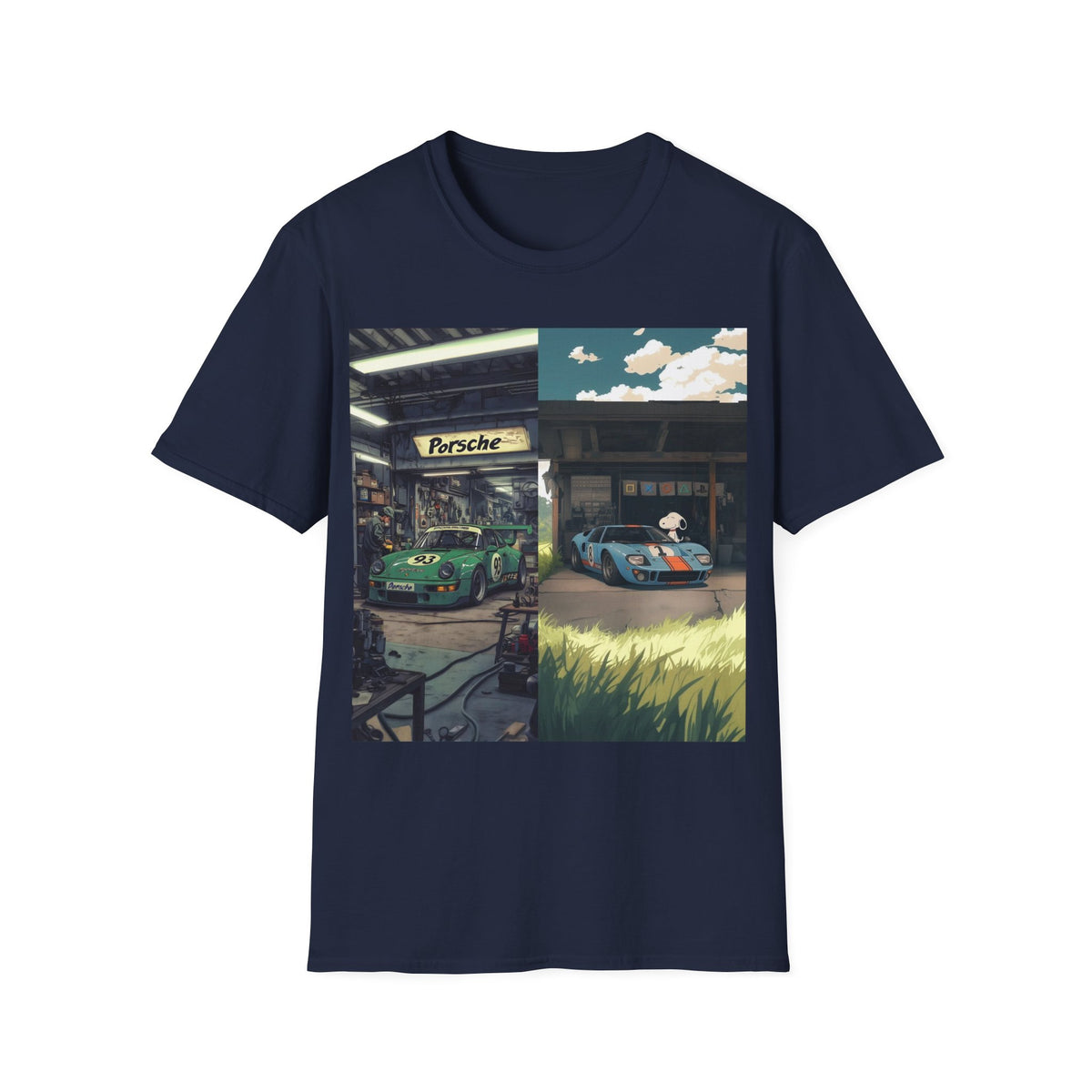 Porsche & GT40 Garage Split-Scene T-Shirt | Vintage Race Car Art Tee