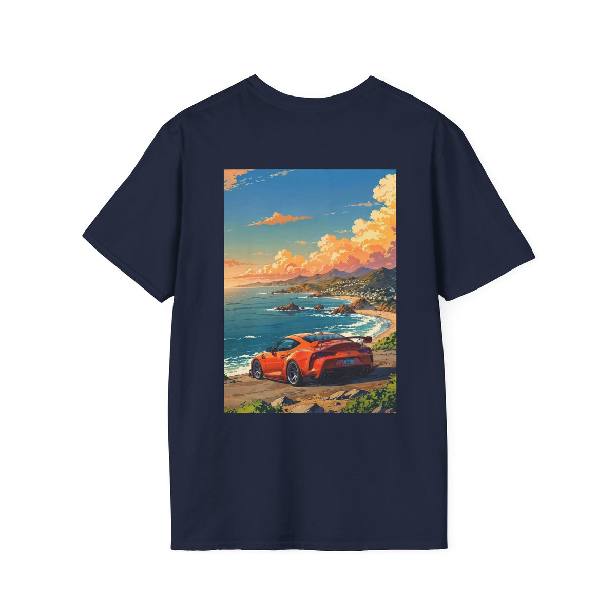 Coastal Drive Graphic Toyota T-Shirt — Sunset Sports Car Beach Scene