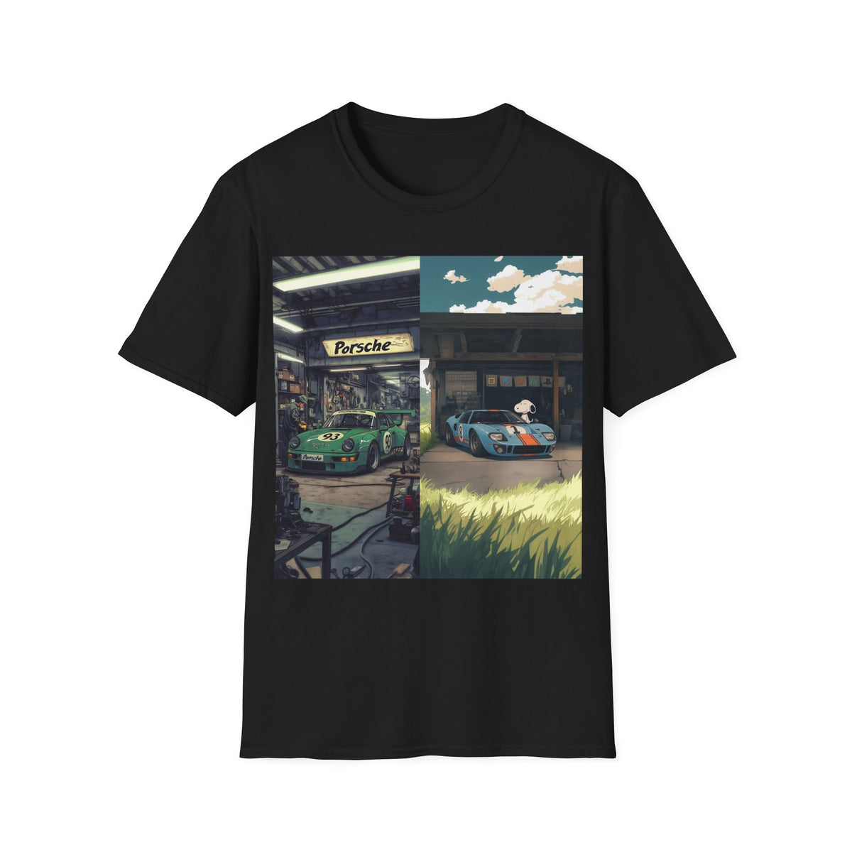 Porsche & GT40 Garage Split-Scene T-Shirt | Vintage Race Car Art Tee