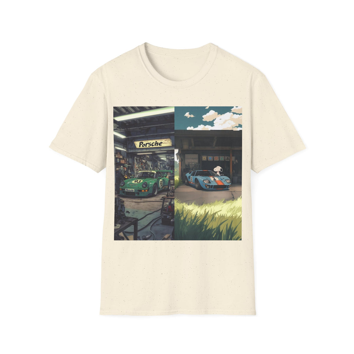 Porsche & GT40 Garage Split-Scene T-Shirt | Vintage Race Car Art Tee