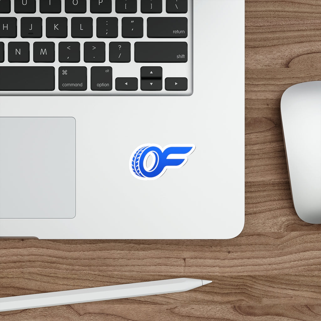 Racing Wheel OF Logo Die-Cut Sticker — Blue Motorsport Decal for Laptops & Cars