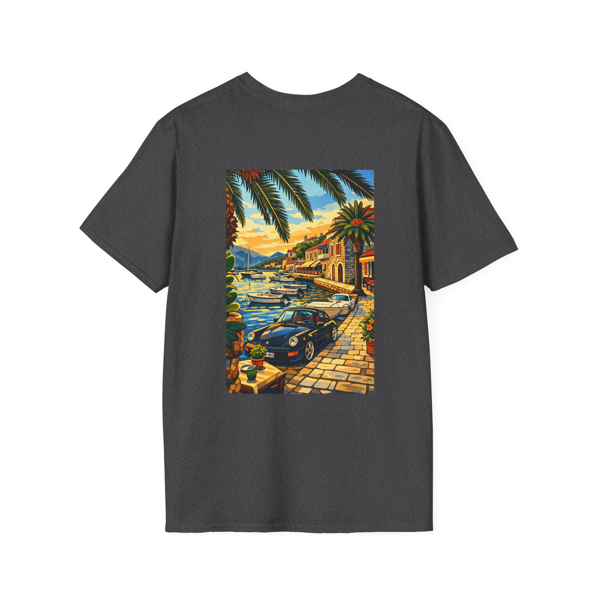 Vintage Coastal Porsche Print Tee | Mediterranean Harbour Scene)