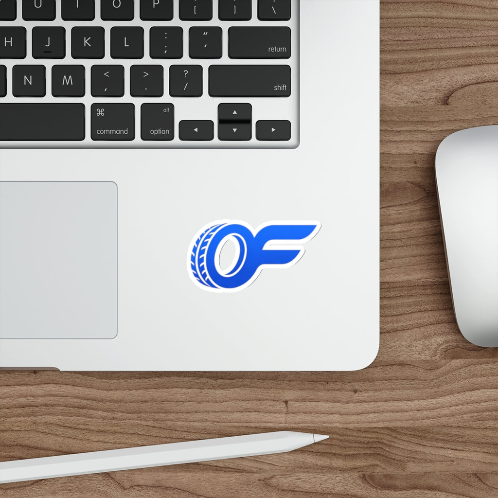 Racing Wheel OF Logo Die-Cut Sticker — Blue Motorsport Decal for Laptops & Cars