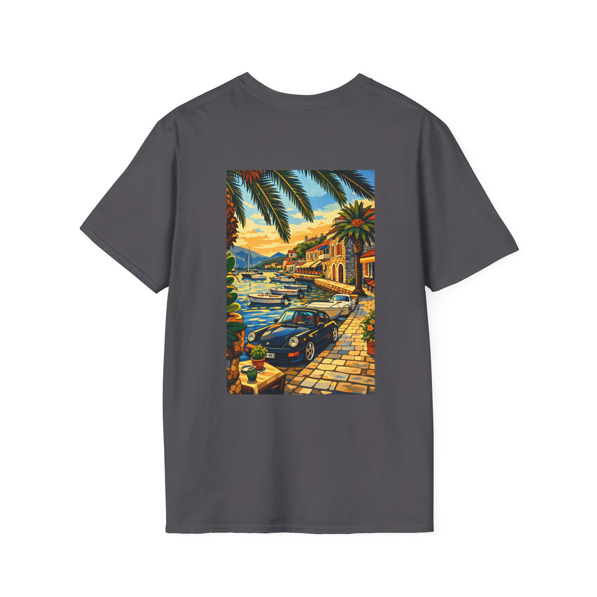 Vintage Coastal Porsche Print Tee | Mediterranean Harbour Scene)