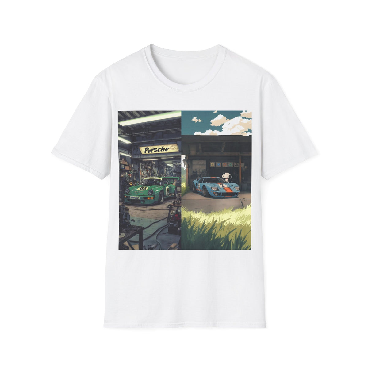 Porsche & GT40 Garage Split-Scene T-Shirt | Vintage Race Car Art Tee