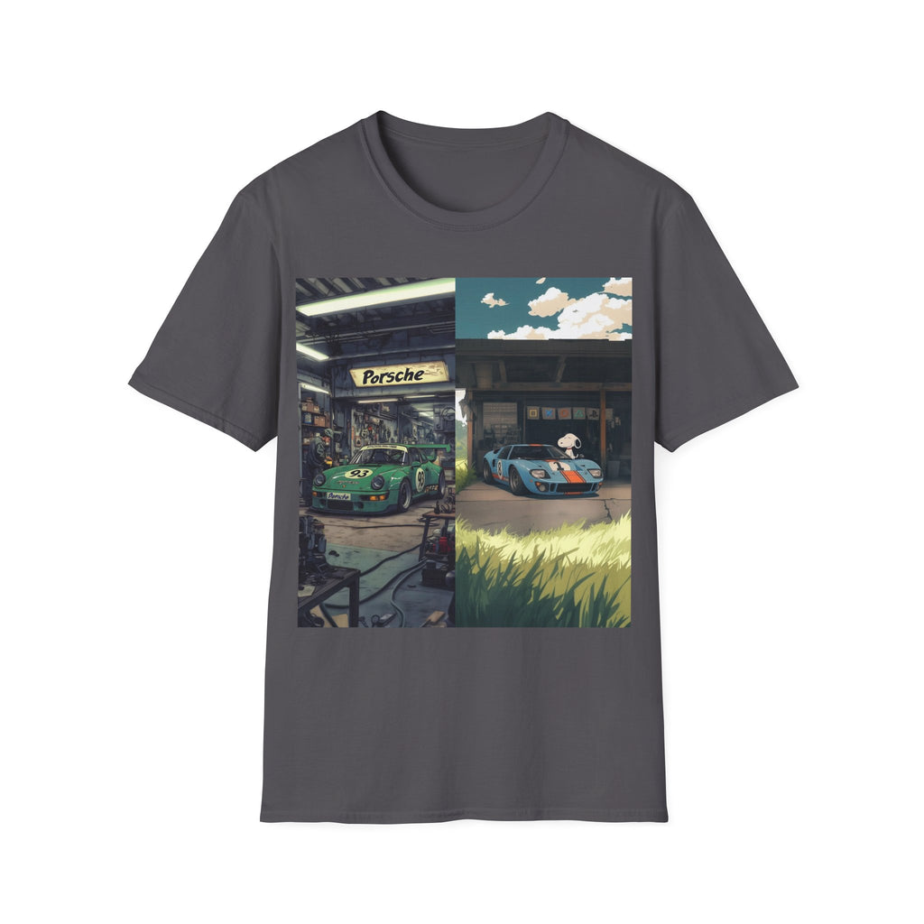 Porsche & GT40 Garage Split-Scene T-Shirt | Vintage Race Car Art Tee